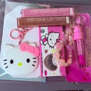 Cute Pink Beauty Bundle 5 Pc Set | Lipsticks, Hello Kitty Mirror & Keychain Glos